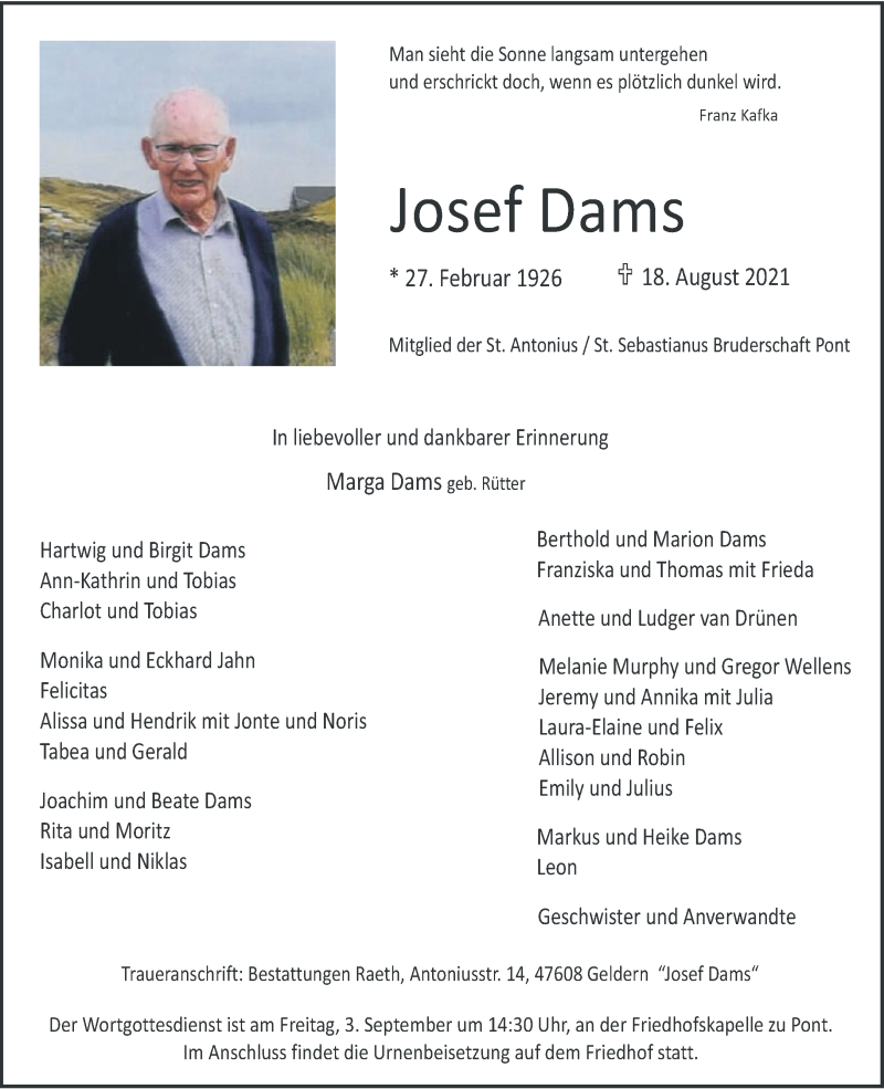  Traueranzeige für Josef Dams vom 28.08.2021 aus 