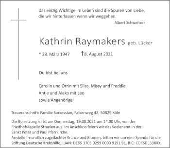 Traueranzeige von Kathrin Raymakers 