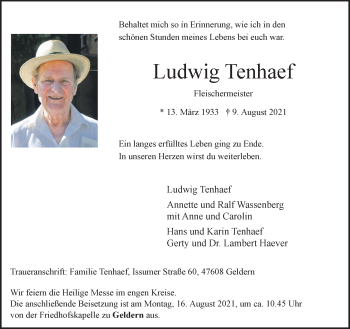 Traueranzeige von Ludwig Tenhaef 