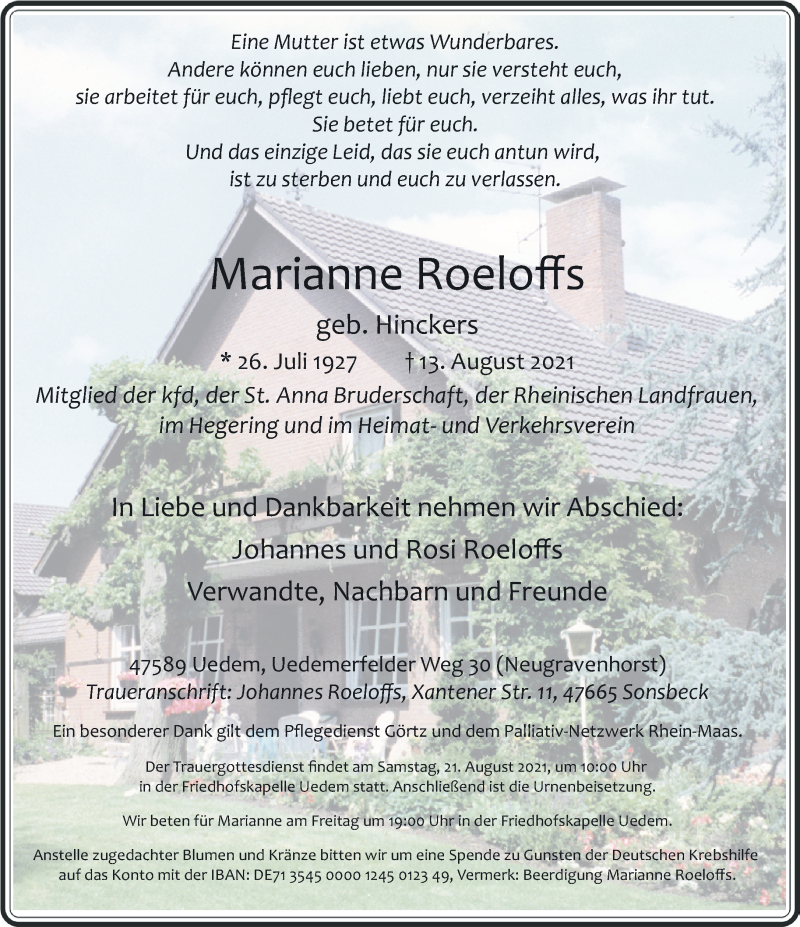  Traueranzeige für Marianne Roeloffs vom 18.08.2021 aus 