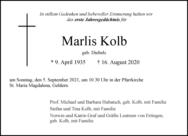 Traueranzeige für Marlis Kolb vom 28.08.2021 aus 