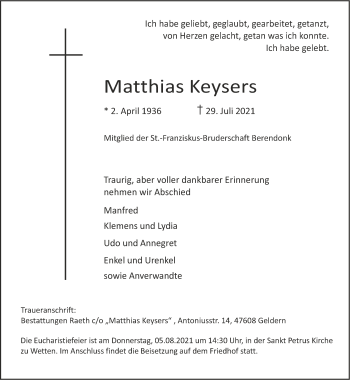 Traueranzeige von Matthias Keysers 