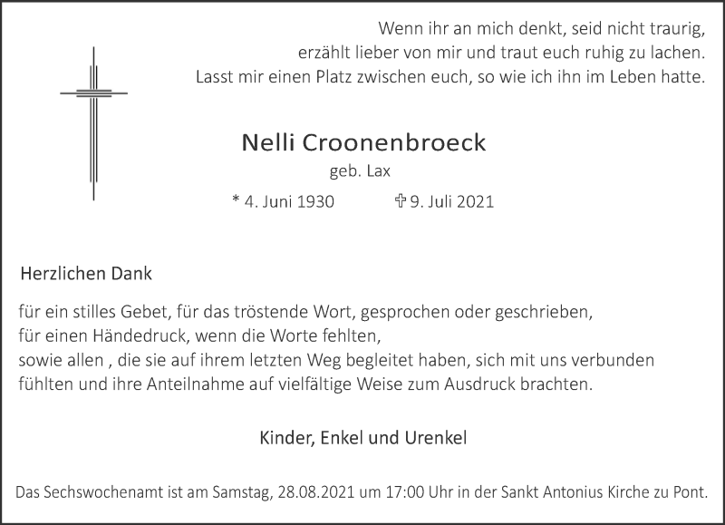  Traueranzeige für Nelli Croonenbroeck vom 21.08.2021 aus 