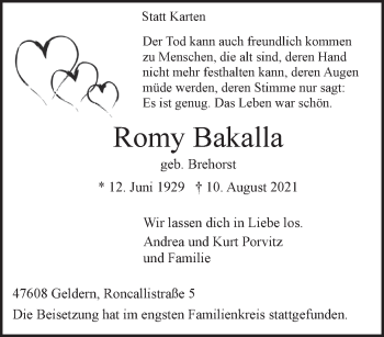 Traueranzeige von Romy Bakalla 