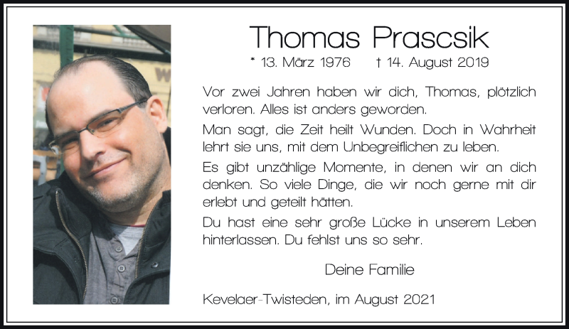  Traueranzeige für Thomas Prascsik vom 14.08.2021 aus 