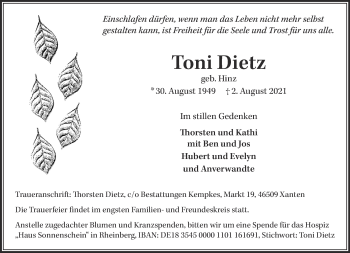 Traueranzeige von Toni Dietz 