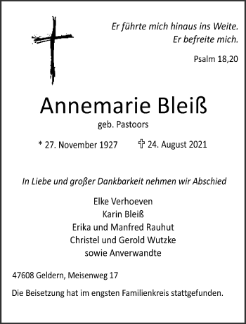 Traueranzeige von Annemarie Bleiß 