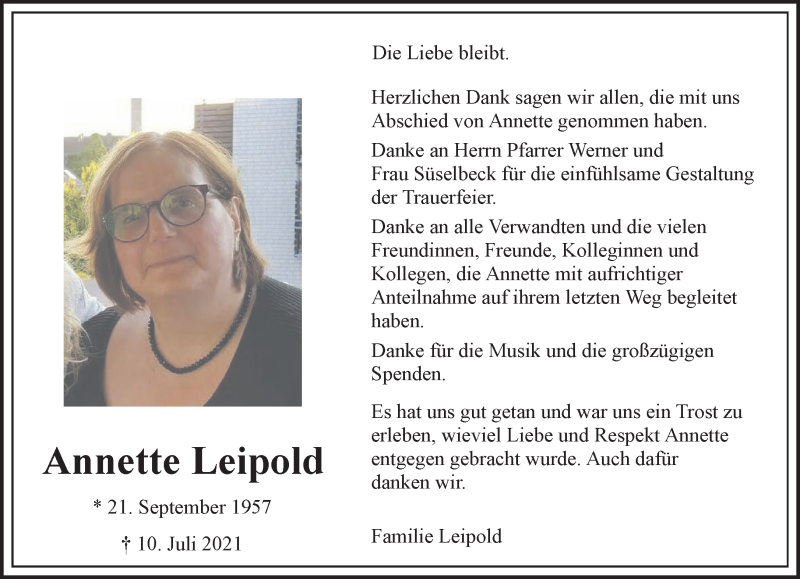  Traueranzeige für Annette Leipold vom 22.09.2021 aus 