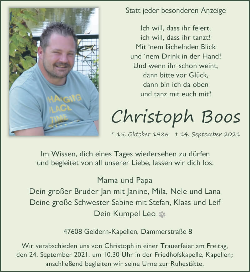  Traueranzeige für Christoph Boos vom 18.09.2021 aus 