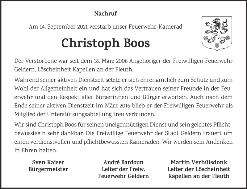  Traueranzeige für Christoph Boos vom 29.09.2021 aus 