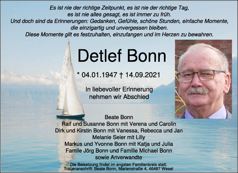  Traueranzeige für Detlef Bonn vom 25.09.2021 aus 