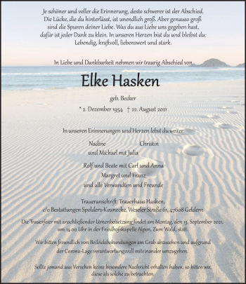 Traueranzeige von Elke Hasken 