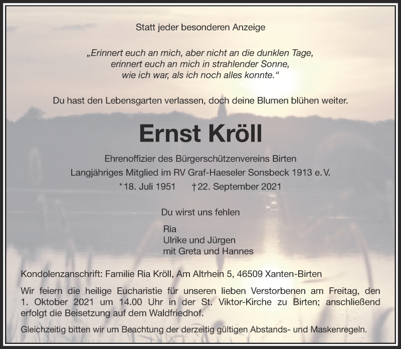  Traueranzeige für Ernst Kröll vom 29.09.2021 aus 
