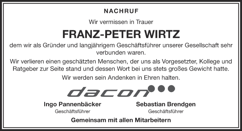  Traueranzeige für Franz-Peter Wirtz vom 25.09.2021 aus 