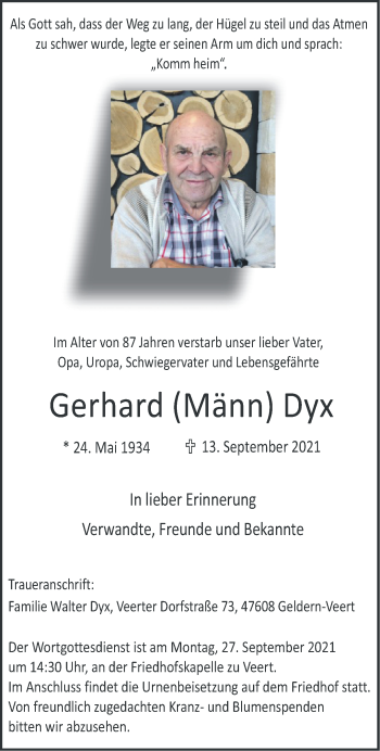 Traueranzeige von Gerhard Dyx 