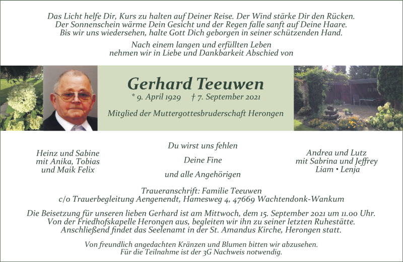  Traueranzeige für Gerhard Teeuwen vom 11.09.2021 aus 