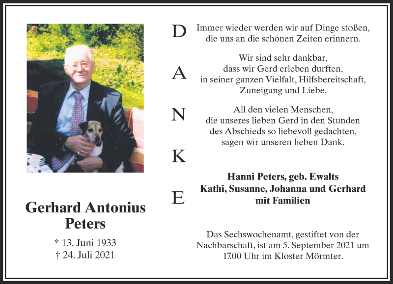  Traueranzeige für Gerhard Antonius Peters vom 01.09.2021 aus 