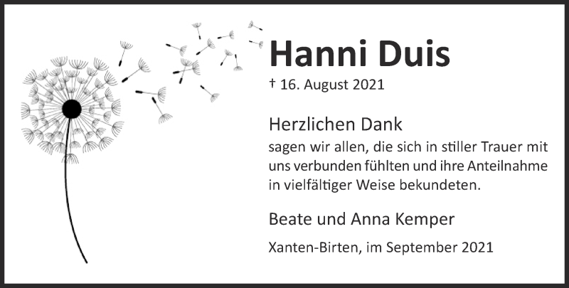  Traueranzeige für Hanni Duis vom 22.09.2021 aus 