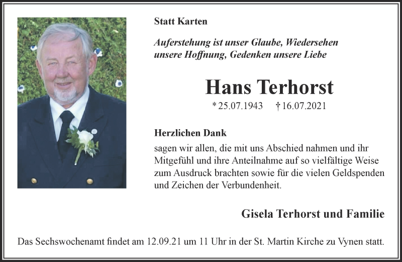  Traueranzeige für Hans Terhorst vom 04.09.2021 aus 