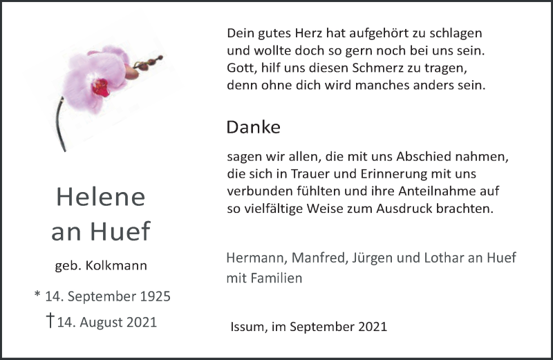  Traueranzeige für Helene an Huef vom 25.09.2021 aus 