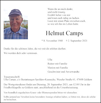 Traueranzeige von Helmut Camps 
