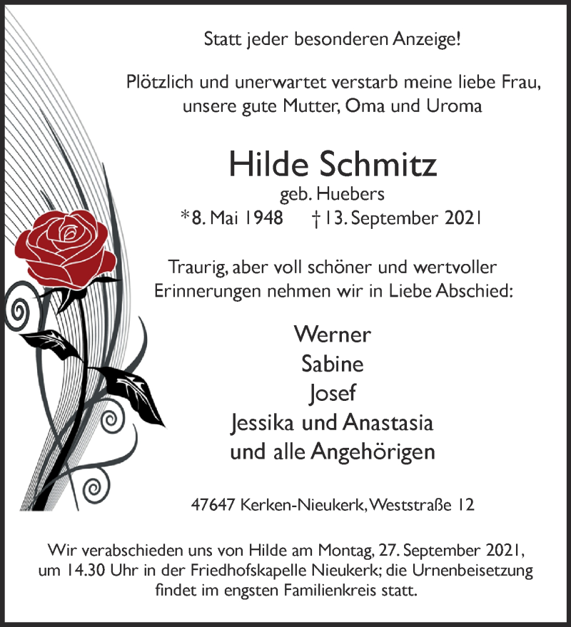  Traueranzeige für Hilde Schmitz vom 25.09.2021 aus 