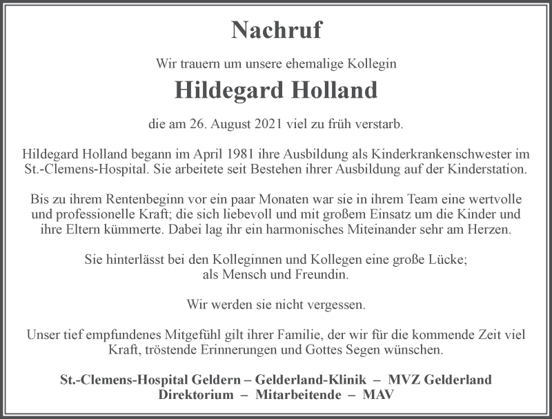  Traueranzeige für Hildegard Holland vom 11.09.2021 aus 