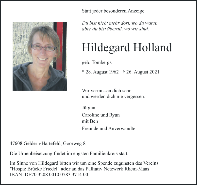  Traueranzeige für Hildegard Holland vom 01.09.2021 aus 
