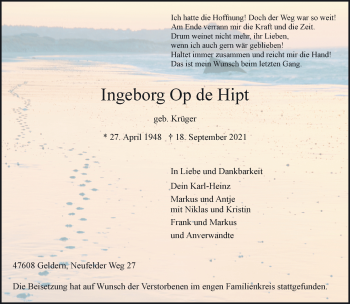 Traueranzeige von Ingeborg Op de Hipt 
