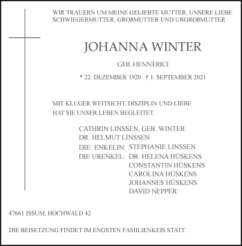 Traueranzeige von Johann Winter 