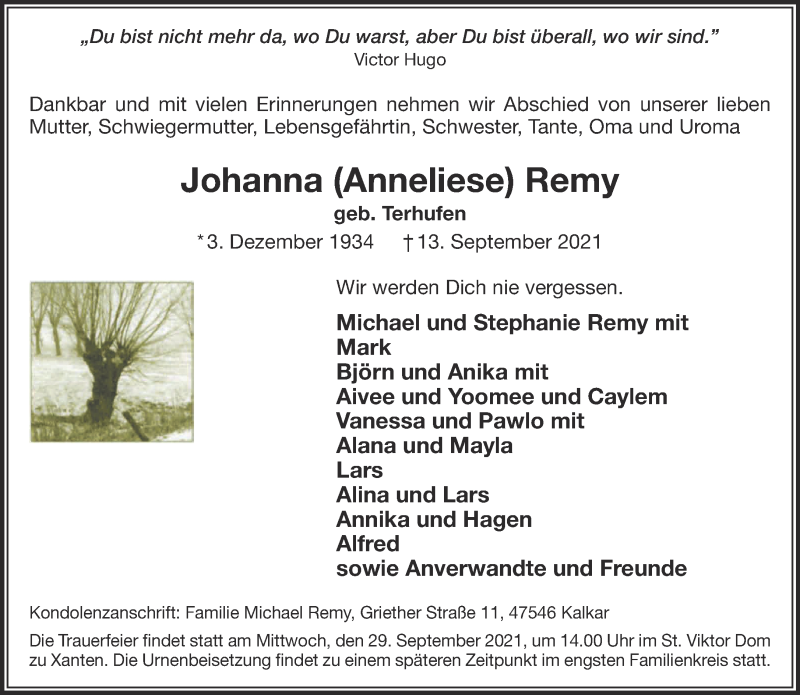  Traueranzeige für Johanna Remy vom 25.09.2021 aus 