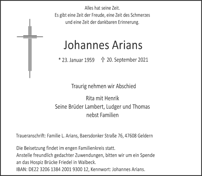  Traueranzeige für Johannes Arians vom 25.09.2021 aus 