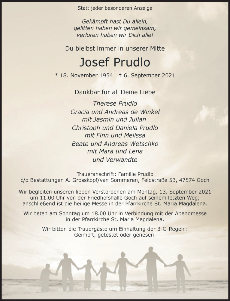  Traueranzeige für Josef Prudlo vom 11.09.2021 aus 