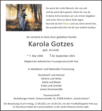 Traueranzeige von Karola Gotzes 