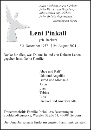 Traueranzeige von Leni Pinkall 