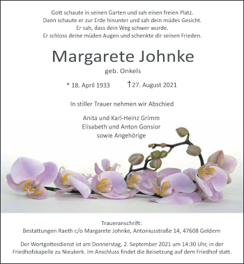 Traueranzeige von Margarete Johnke 