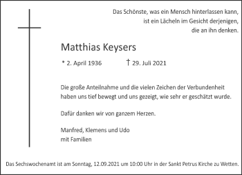 Traueranzeige von Matthias Keysers 