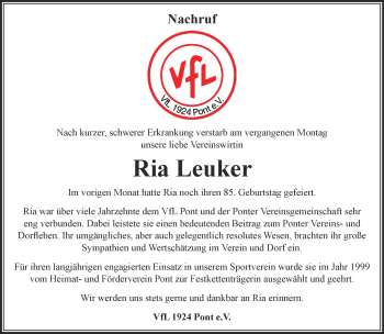 Traueranzeige von Ria Leuker 