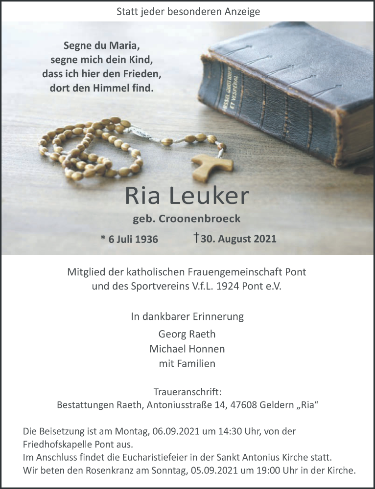  Traueranzeige für Ria Leuker vom 04.09.2021 aus 
