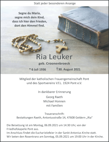 Traueranzeige von Ria Leuker 