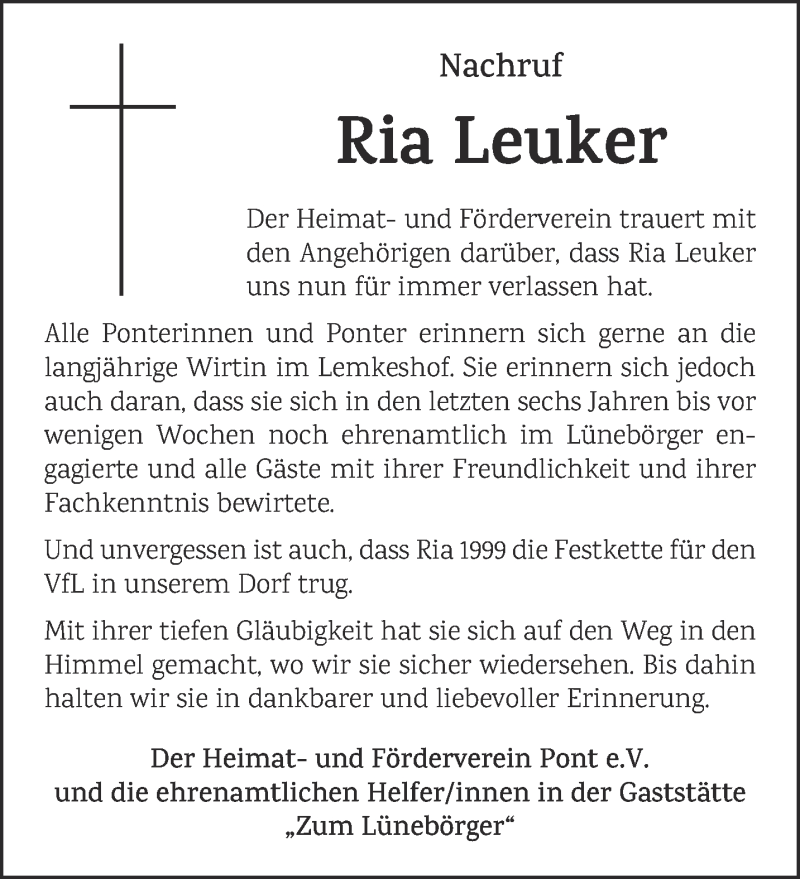  Traueranzeige für Ria Leuker vom 11.09.2021 aus 