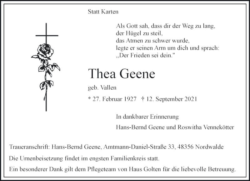  Traueranzeige für Thea Geene vom 18.09.2021 aus 