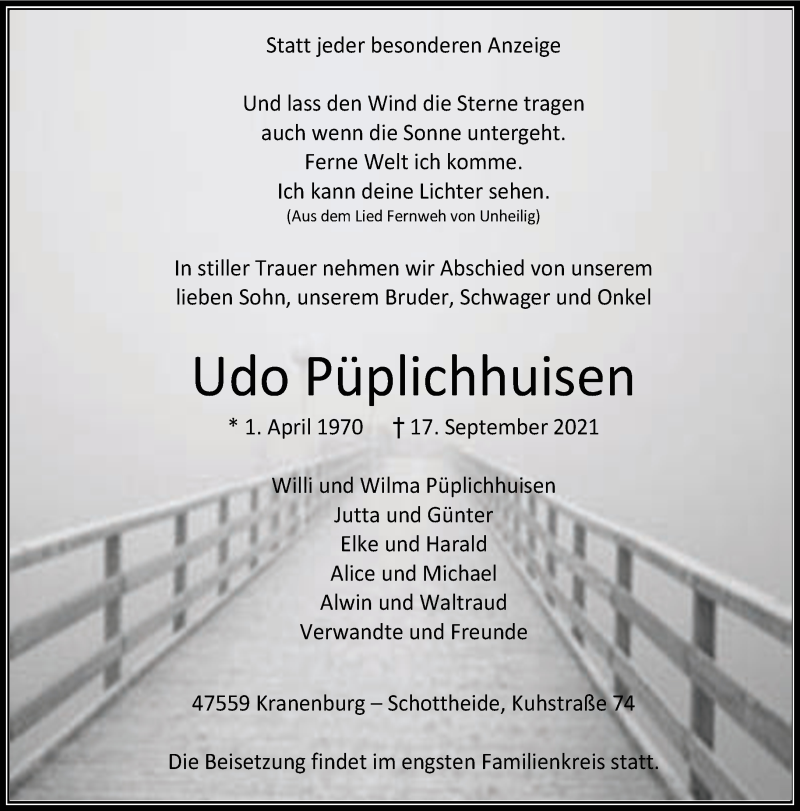  Traueranzeige für Udo Püplichhuisen vom 22.09.2021 aus 