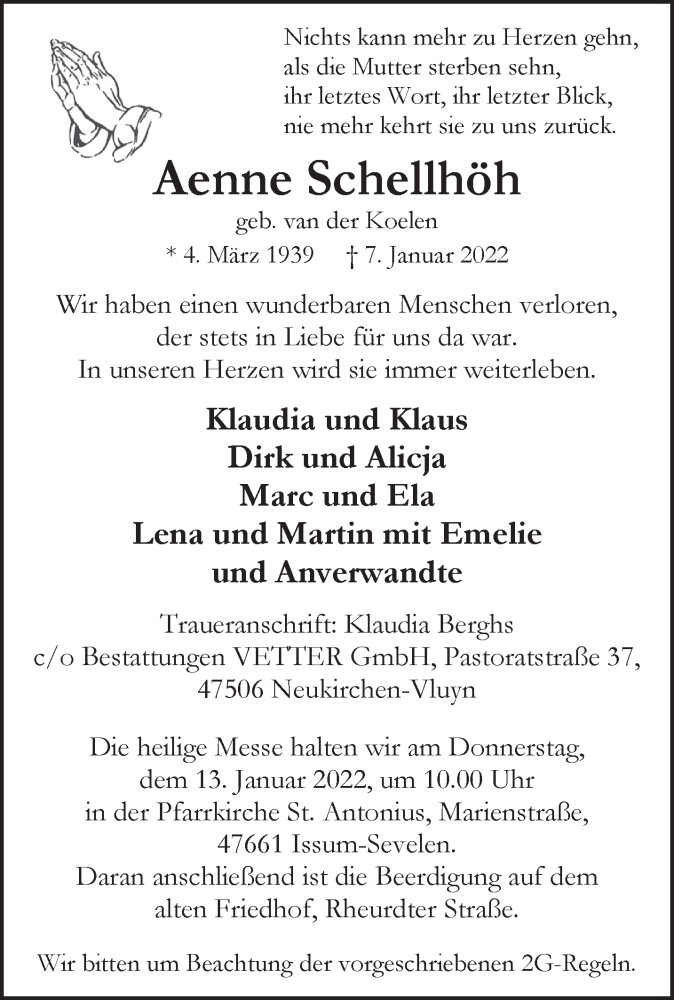  Traueranzeige für Aenne Schellhöh vom 12.01.2022 aus 