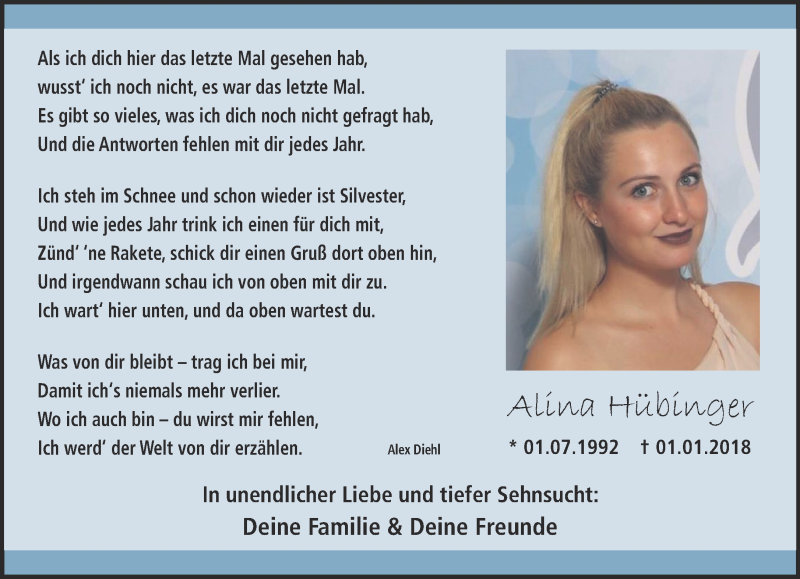  Traueranzeige für Alina Hübinger vom 31.12.2021 aus 