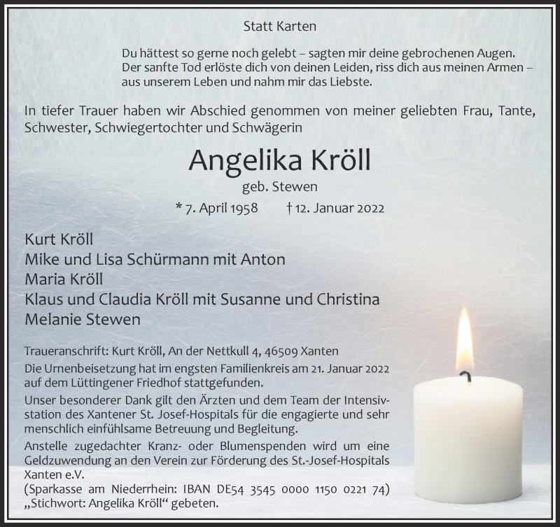  Traueranzeige für Angelika Kröll vom 22.01.2022 aus 