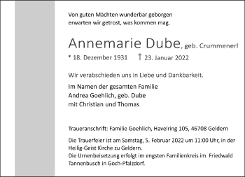 Traueranzeige von Annemarie Dube 