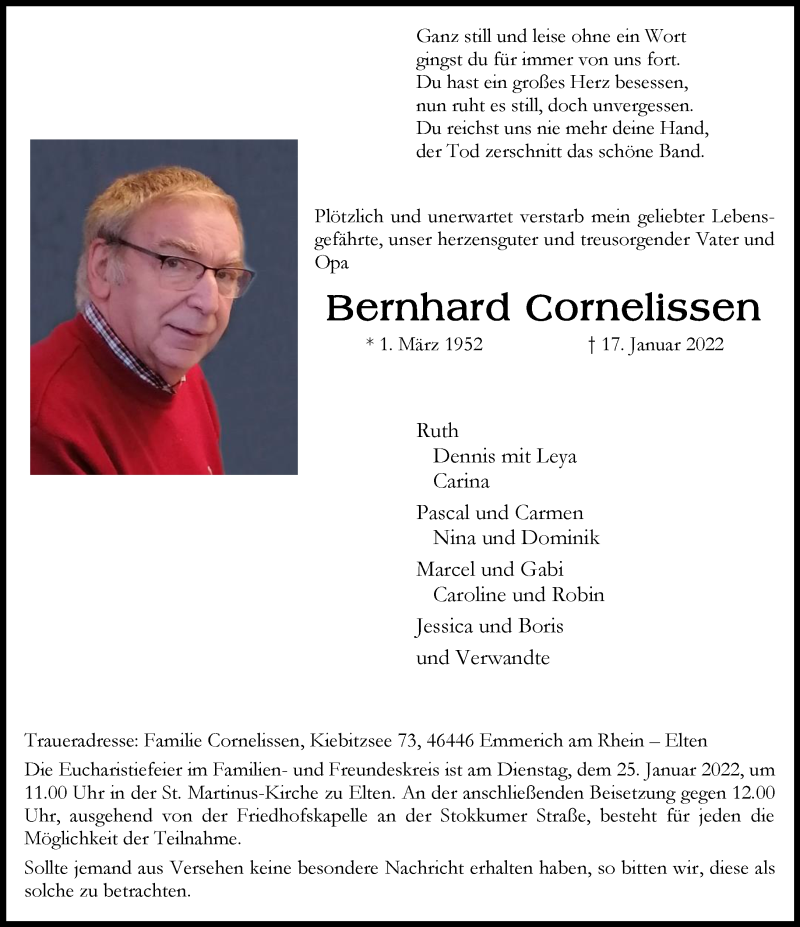  Traueranzeige für Bernhard Cornelissen vom 22.01.2022 aus 