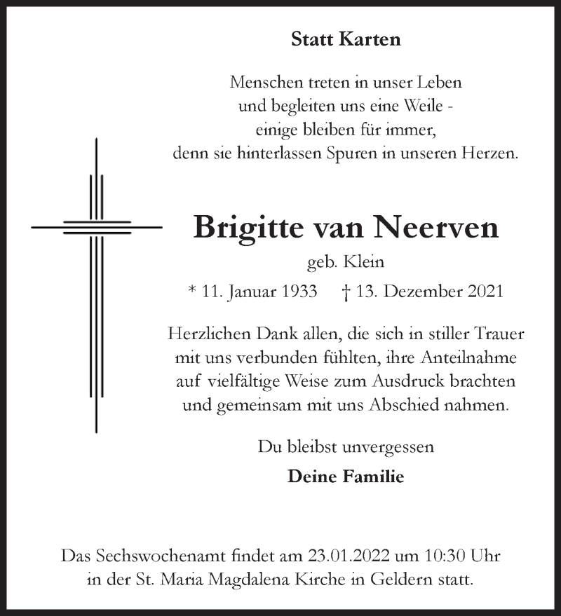  Traueranzeige für Brigitte van Neerven vom 15.01.2022 aus 