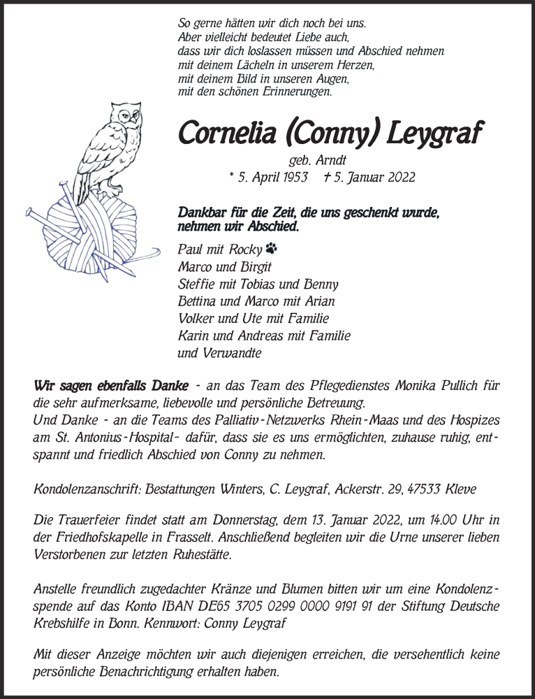  Traueranzeige für Cornelia Leygraf vom 12.01.2022 aus 
